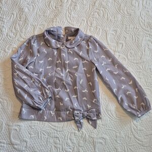 Janie and Jack girls size 4 long sleeve gray blouse with white fox design EUC